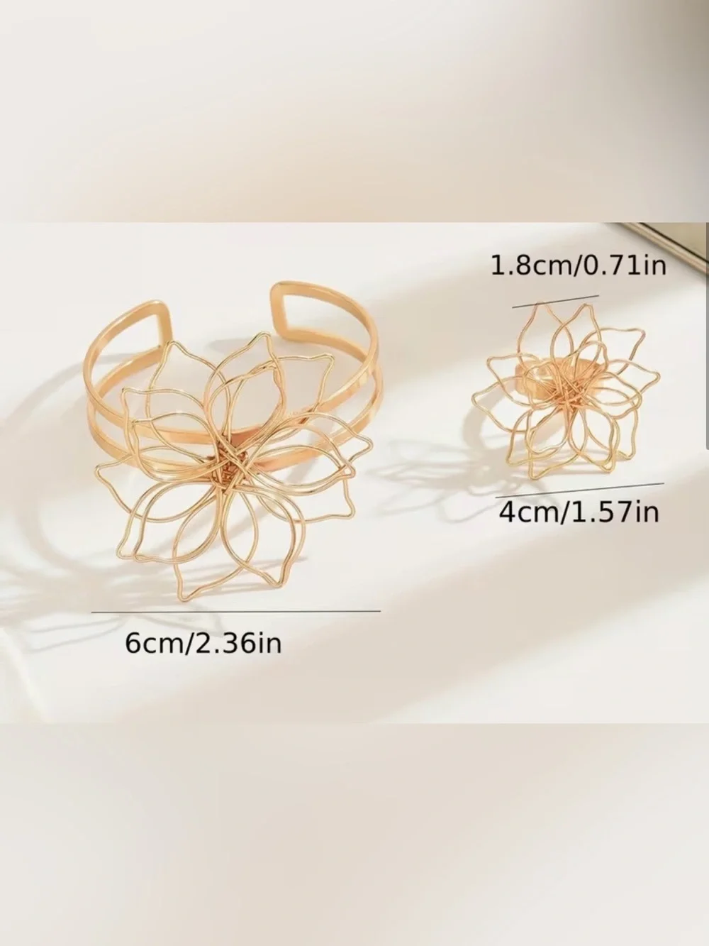 Sterling Silver, Black, and Gold Floral Wire Open Cuff Bracelets  -with ring set